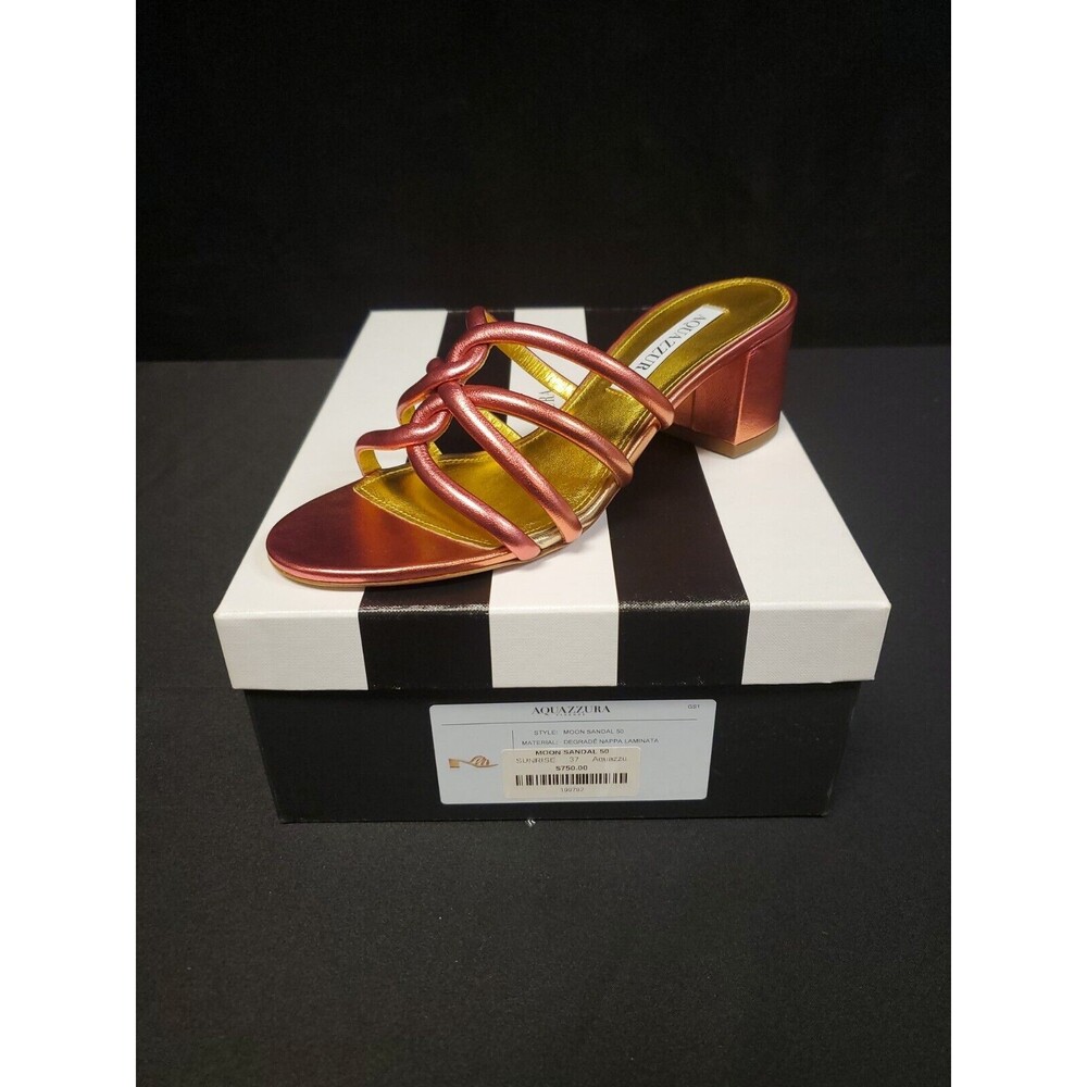 Aquazzura Moon Sandal 50 Bronze Red Metallic Block Heel Sandals Sz 37 NWT & Box
